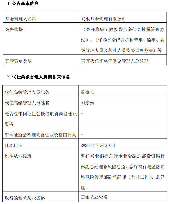 兴业基金总经理、副总经理同日离任 李辉任期内规模增超2400亿