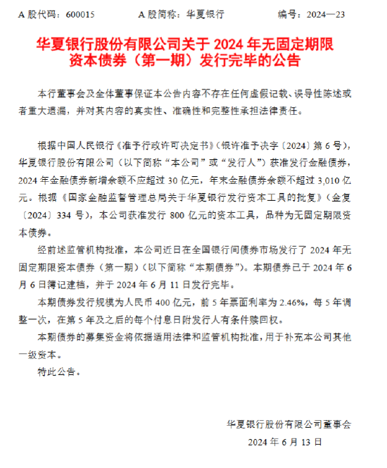华夏银行:400亿元无固定期限资本债券发行完毕