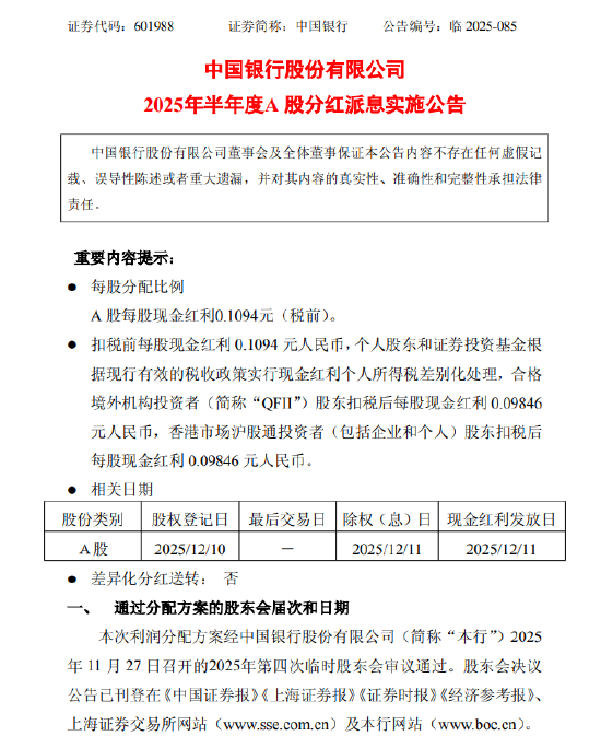 中国银行：2025年半年度A股每股现金红利0.1094元（税前）