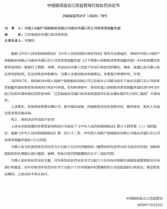 人保财险南京某营销服务部被罚：未经批准擅自变更营业场所