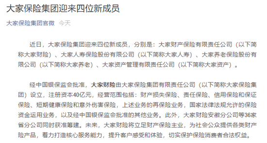 未来，大家财险将立足财产保险主业，为社会公众提供各类财产险产品