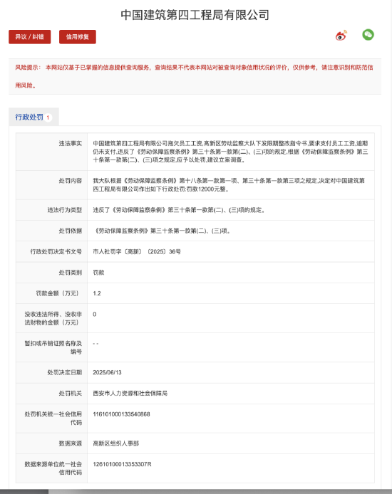 因拖欠员工工资,中国建筑第四工程局公司被罚款1.2万元 第1张 因拖欠员工工资,中国建筑第四工程局公司被罚款1.2万元 第1张