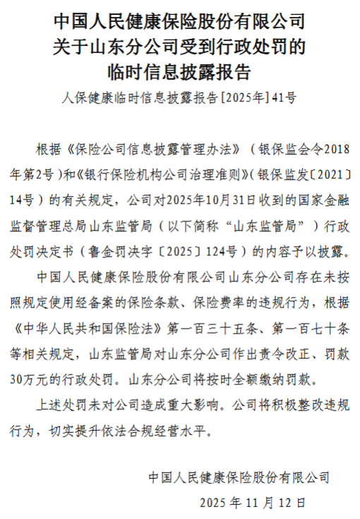人保健康山东分公司被罚，公司回应：将积极整改违规行为，切实提升依法合规经营水平