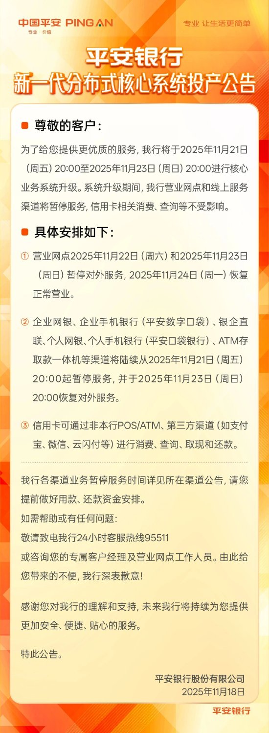 平安银行：将于21日20：00至23日20：00进行核心业务系统升级，升级期间营业网点和线上服务渠道将暂停服务