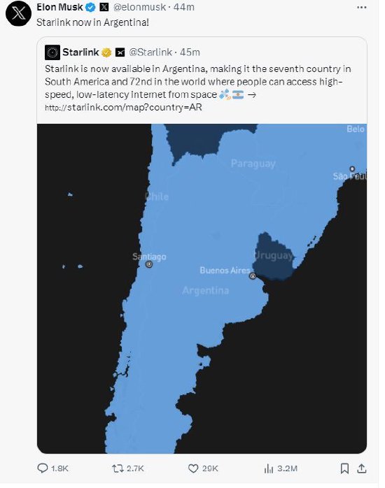 马斯克宣布Starlink在阿根廷开通服