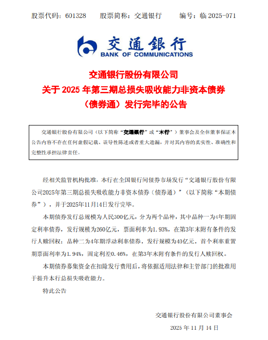 交通银行：2025年第三期总损失吸收能力非资本债券(债券通)发行完毕
