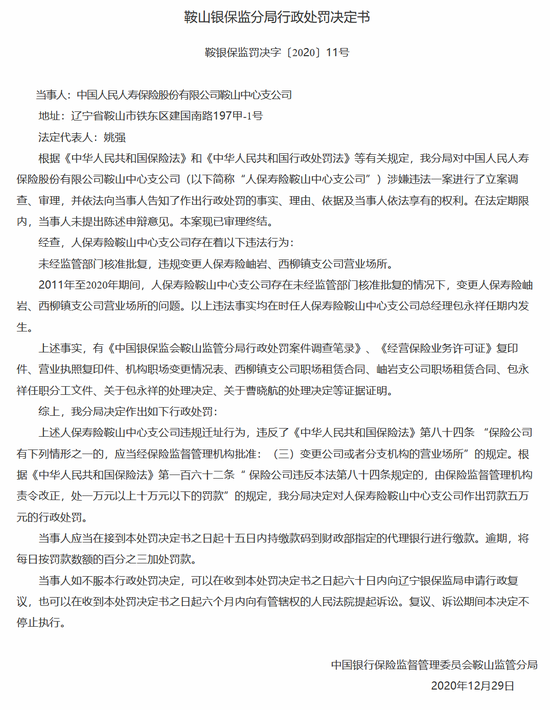 人保寿险鞍山中支被罚5万：违规变更支公司营业场所