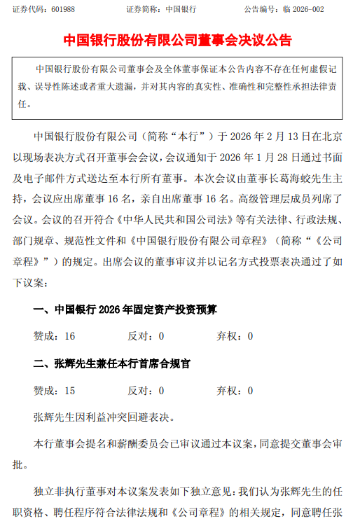 中国银行：聘任行长张辉兼任首席合规官