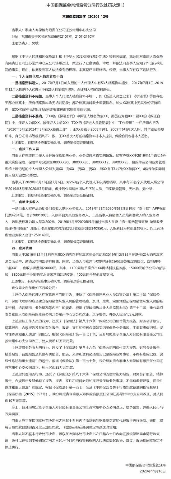 泰康人寿常州中心支公司被罚48万：虚增业务收入