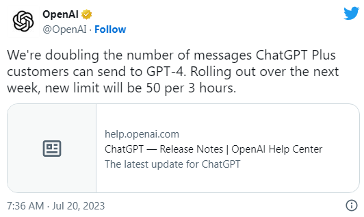 ChatGPT Plus上调GPT-4使用量限制