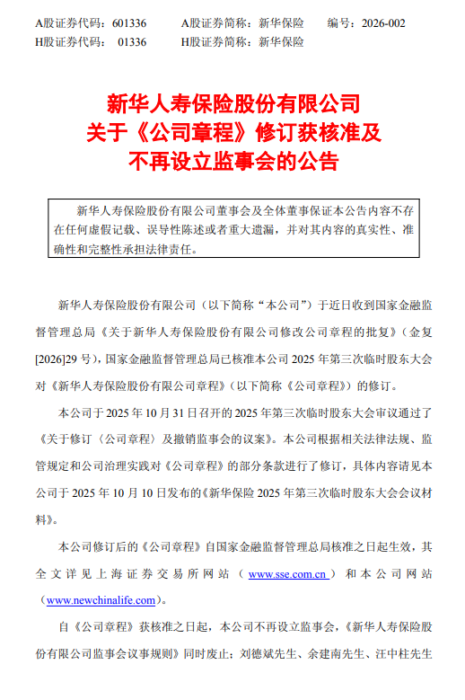 新华保险：公司章程修订获核准，不再设立监事会