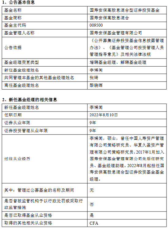 黎晓晖离职！新任李博闻为国寿安保保高股息混合基金经理，与张琦共同管理