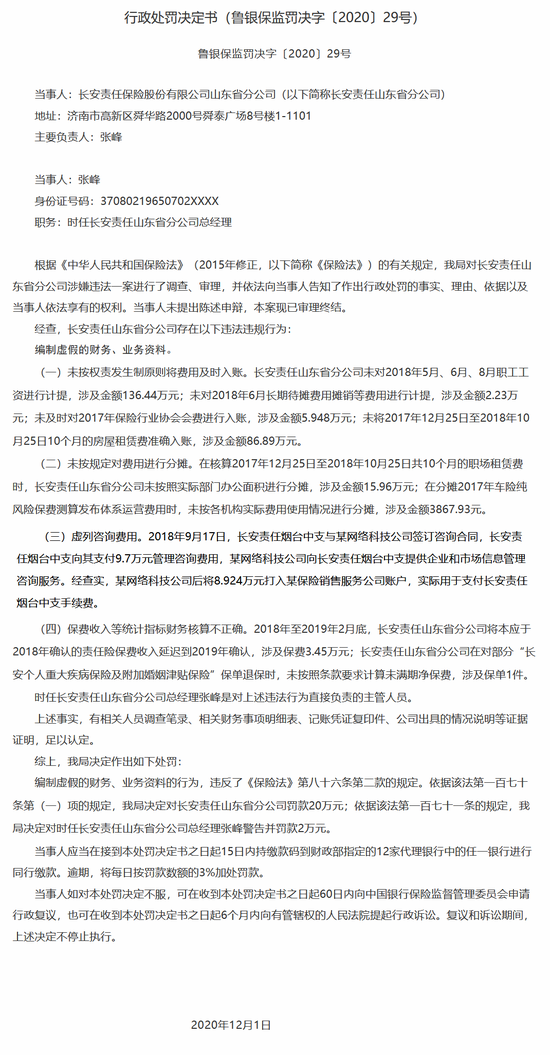 长安责任保险山东分公司被罚20万：编制虚假财务、业务资料