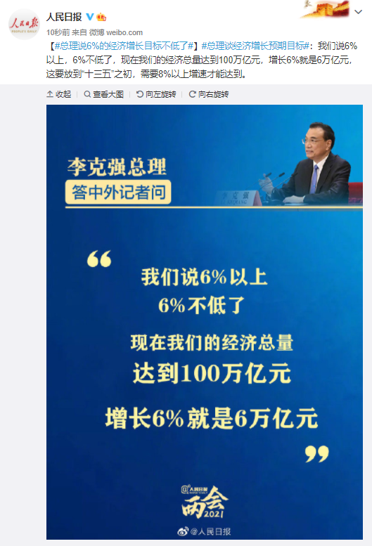 总理谈经济增长预期目标：6%的经济增长目标不低了