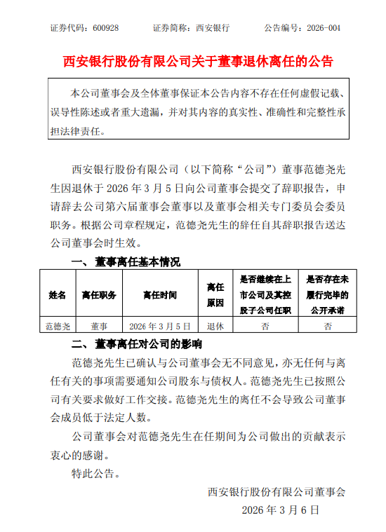 西安银行：董事范德尧因退休离任