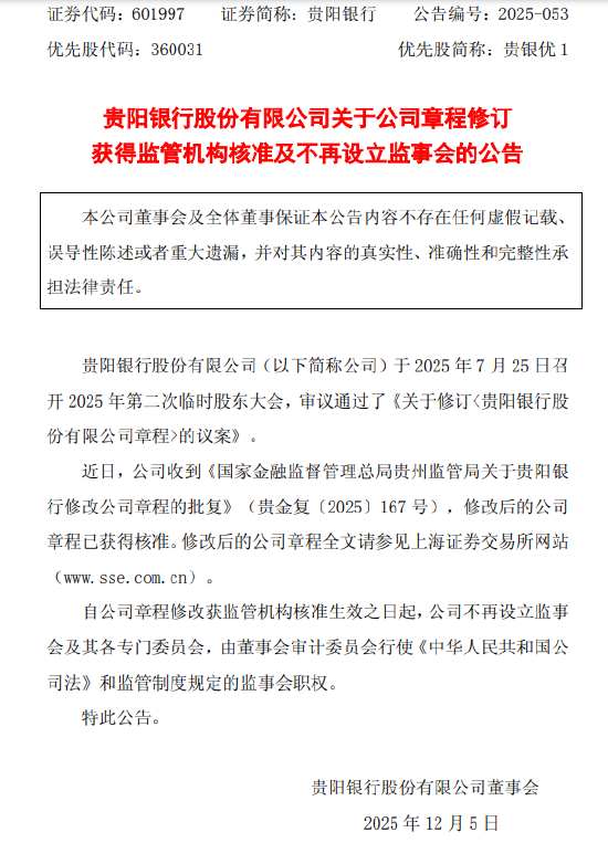 贵阳银行：公司章程修改获批，不再设立监事会