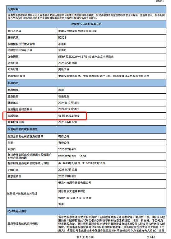 中国财险：将于8月8日派发末期股息每股0.332元