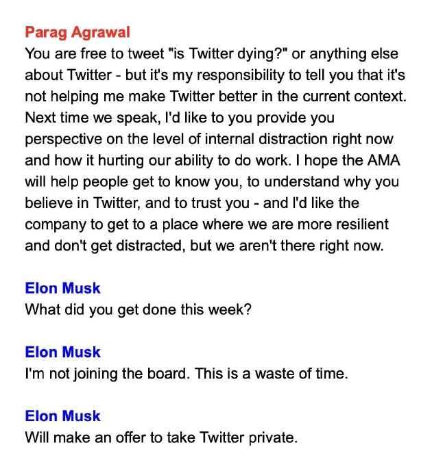 推特CEO和马斯克在4月9日的短信记录