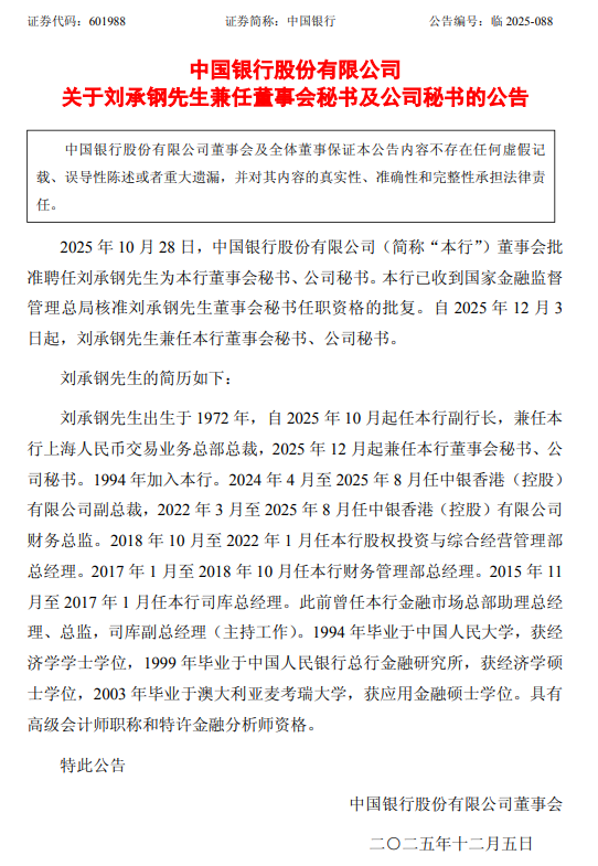 快手短视频:苏宁消费券包回收-中国银行：刘承钢兼任董事会秘书及公司秘书