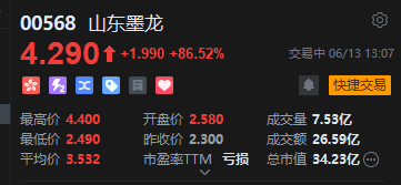 港股山东墨龙午后继续飙升，现涨超86%
