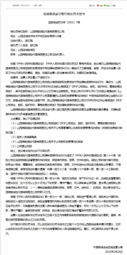 山西瑞银保险代理被罚11万：报告中存在编制虚假材料行为
