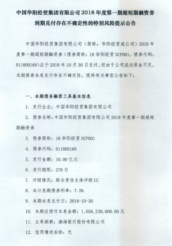 华阳经贸18华阳经贸scp001兑付存在不确定性