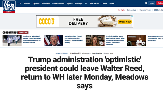 白宫幕僚长：特朗普情况“持续好转” 已准备好回归正常工作