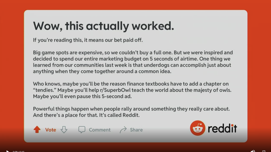 散户抱团登上“美国春晚” Reddit 5秒广告斥资近百万美元