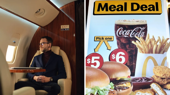 一边是航空公司的豪华舱位，一边是快餐连锁店的平价套餐，这一鲜明对比正是当下美国经济的真实写照。