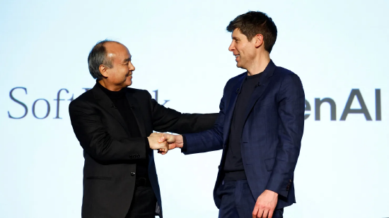 2025 年 2 月 3 日，日本东京，软银集团首席执行官孙正义与 OpenAI 首席执行官山姆・奥尔特曼共同出席一场人工智能商业推广活动。 