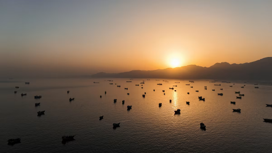2026 年 6 月 3 日，阿曼穆桑代姆地区远眺霍尔木兹海峡，多艘船舶锚泊海面。