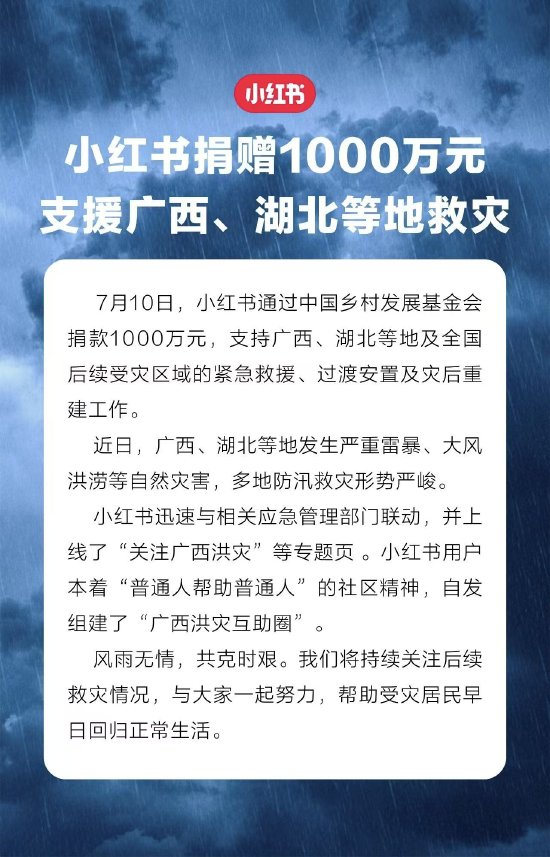 小红书捐千万驰援桂鄂救灾