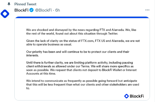 该公司：受FTX影响 加密货币交易和借贷平台BlockFi暂停提款