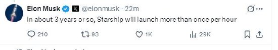 马斯克称三年内星舰发射频率将超过每小时一次