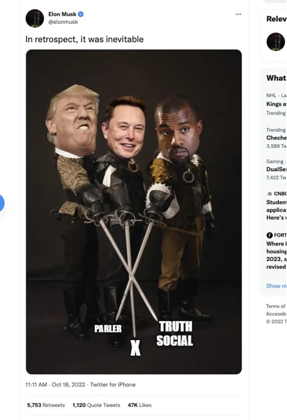 (Musk teases himself and Trump and Kanye are the three Musketeers)