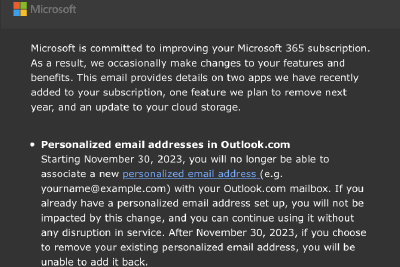 微软：Outlook将于明年底不再向个人提供个性化电子邮件地址服务