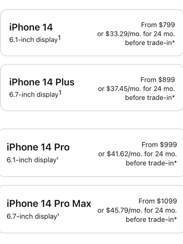 iPhone 14系列价格 图源：苹果美国官网