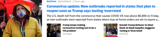 特朗普表示测试被“高估” 计划重新开放的州爆发新的疫情