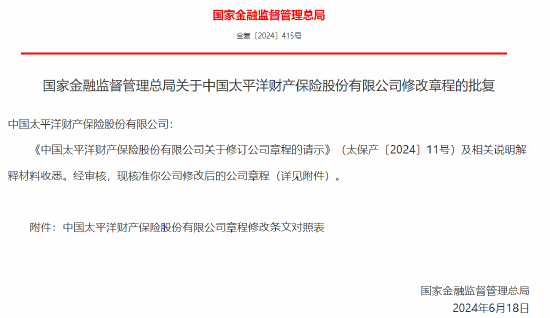中国太平洋财产保险获批修改公司章程