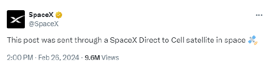 SpaceX首次通过星链 从太空向社交平台X上发帖