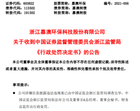 “嘉澳环保行政处罚落地 投资者索赔通道开启