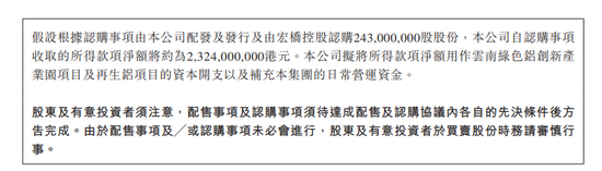 中国宏桥拟配售2.43亿股 作云南绿色铝创新产业园等项目