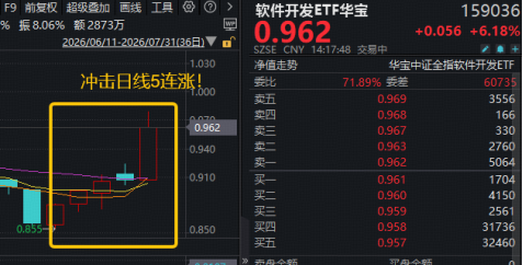 暴涨8%，软件开发ETF华宝（159036）低位冲击5连涨！100只成份股涨超2%！福昕软件20CM涨停，普联软件二连板