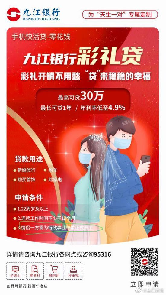 网传江西九江银行推出彩礼贷：情侣一方需为行政事业单位正式员工