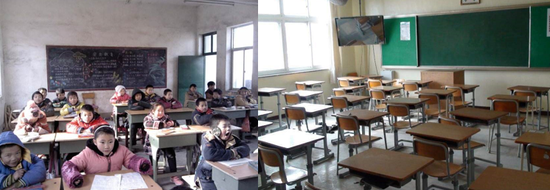 图7-1之前的教室与配备多媒体设备的现代教室