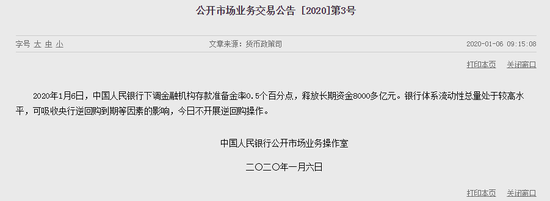 央行公开市场今日不进行逆回购操作 净回笼500亿