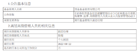 国金基金陈琨因个人原因离任副总经理