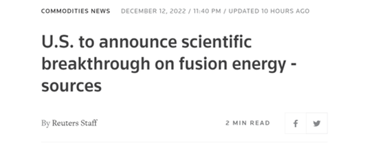 路透社：消息称，美国将宣布有关核聚变转化能源方面的科学突破