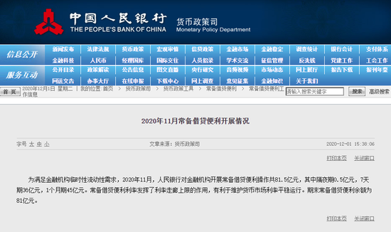 央行：11月对金融机构开展常备借贷便利操作共81.5亿元