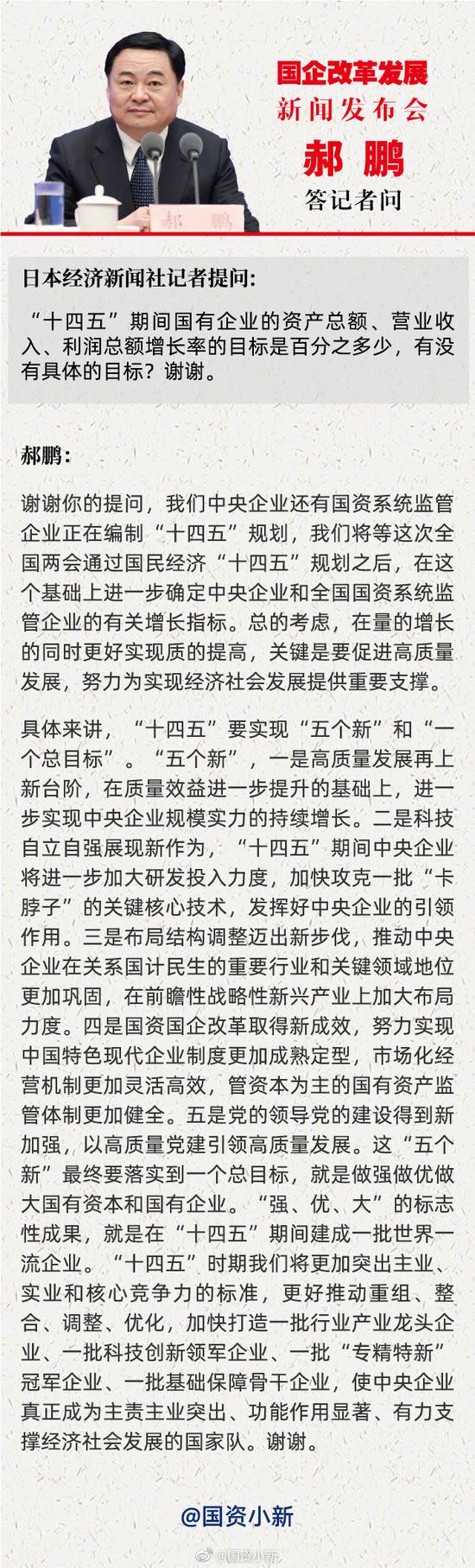 国资委主任郝鹏：“十四五”期间要建成一批世界一流的中央企业